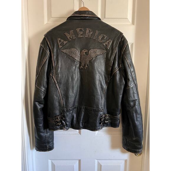 Vintage SA’HER Leathers Motorcycle Jacket Embossed “AMERICA” Eagle 80s L - Picture 2 of 16